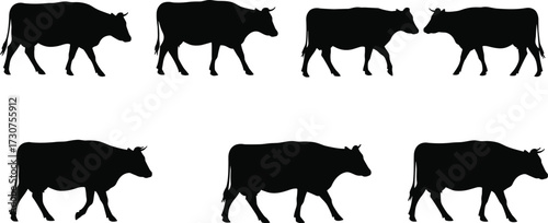 Black cow silhouettes walking in seamless grid pattern, farm animal livestock design, agriculture icon vector, dairy cattle illustration for backgrounds