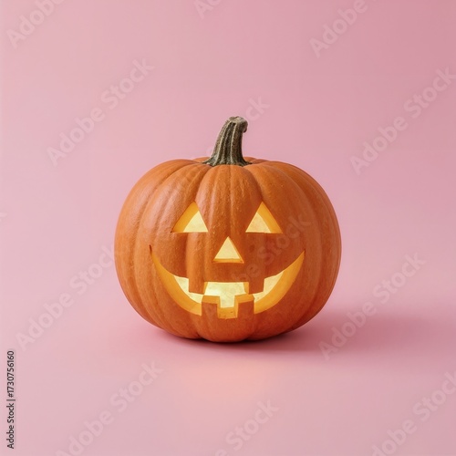 Brightly lit Halloween pumpkin with a smiling face on a pink background