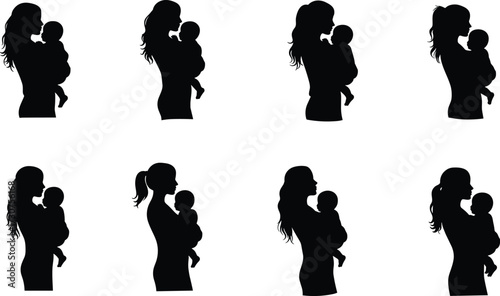 Black silhouette vector illustration of mothers holding babies in different poses, symbolizing maternal love, motherhood, parenting, family bonding, nurturing care