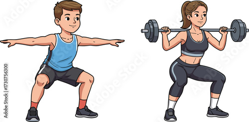 Cartoon fitness squat, male and female, barbell exercise, bodyweight training, workout outfit, healthy lifestyle, strength pose, stock illustration