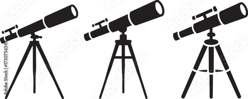 Three black silhouette icons of telescopes on tripods, showing slight variations graphic