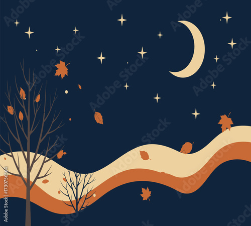 Vector art of a serene autumn night scene with a crescent moon, stars, and falling leaves, creating a peaceful and magical atmosphere perfect for seasonal backgrounds and designs
