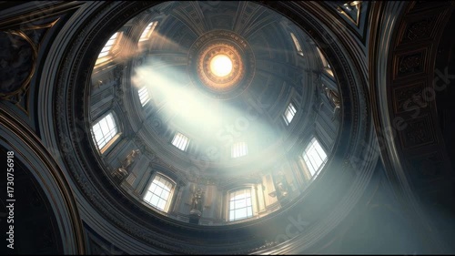 Light rays shine through the dome of a historical church illuminating intricate architecture