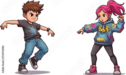 Cartoon kids breakdancing, urban outfits, dynamic poses, boy and girl, expressive motion, graffiti hoodie, white background, stock illustration, dance battleCartoon kids breakdancing