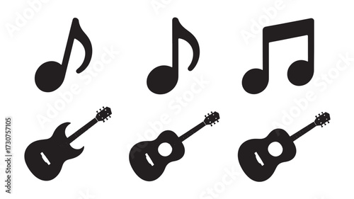 Set of music note and guitar icons simple flat vector design elements isolated on white background for music app and website