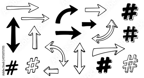 Arrow Collection: A set of varied hand-drawn arrows and hashtags, in black and white, representing direction and concepts like trending or social media.