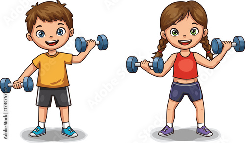 Cartoon kids lifting dumbbells, fitness activity, strength training pose, healthy lifestyle, workout outfit, smiling children, white background, stock illustration
