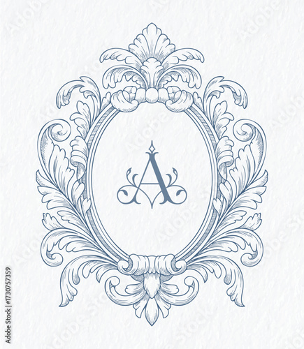 Ornate baroque wedding monogram crest with vintage scrolls. Antique decorative crest frame with engraving style flourishes.