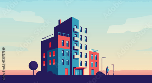 Vibrant city building illustration with warm sunset sky and a solitary figure walking along the sidewalk, evoking a sense of urban tranquility and modern living