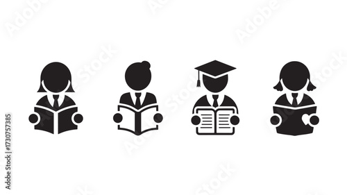 Set of student icons reading books vector glyph design for education and learning concepts isolated on white background