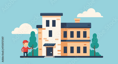 A charming, flat-style illustration of a small apartment building with trees and a man standing near the entrance, evoking a sense of community and residential life in a serene setting