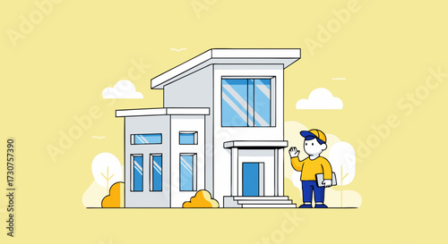 Modern residential building with a person standing outside, illustration of a contemporary house with a friendly person waving, welcoming architecture concept