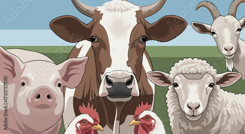 A charming illustration of farm animals including a cow, pig, sheep, chickens, and a goat, set against a grassy background, perfect for agricultural themes and children's content