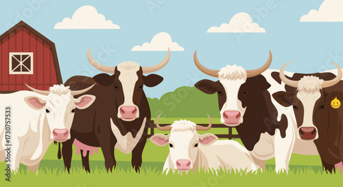 Charming illustration of a diverse herd of cows in a lush green pasture with a rustic barn in the background, evoking a sense of rural life and agriculture