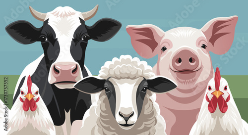Domesticated farm animals including a cow, sheep, pig, and chickens depicted in a colorful, friendly, and cartoonish illustration, ideal for educational and agricultural themes