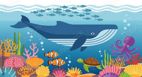 Whale, octopus, sea turtle, clownfish, and coral reef marine life illustration in vibrant underwater scene with school of fish swimming overhead, beautiful ocean ecosystem concept