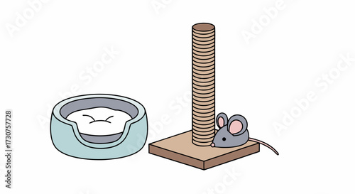 Cozy pet bed, scratching post, and toy mouse illustration a delightful scene for feline companions and their playful moments, showcasing essential cat accessories for comfort and entertainment