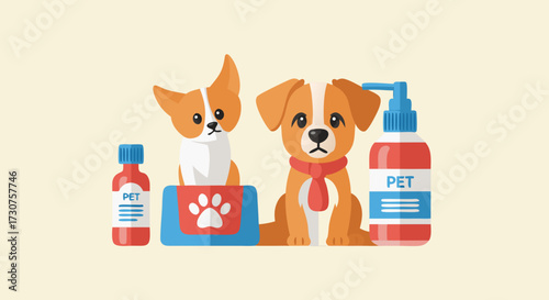Illustrated image of a dog and a cat with pet care items like shampoo, food bowl, and medicine, representing pet ownership and grooming