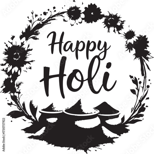 Happy Holi Floral Wreath Vector: Pots of Gulal Powder and Script Typography for Indian Festival

