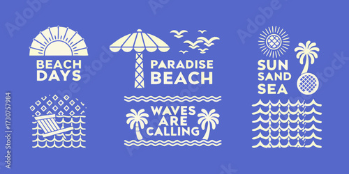 Collection of stylized beach and ocean themed illustrations with text for summer vacation and relaxation