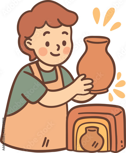 Cute kawaii doodle vector illustration of a ceramic artist boy holding a handmade clay jug before placing it into the pottery kiln for firing. Cozy pastel colors, warm cartoon style.