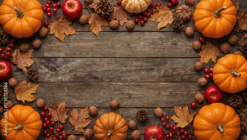 Fall display of pumpkins, apples, and leaves on a table