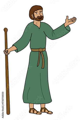 Biblical Man in Green Robe Holding Staff