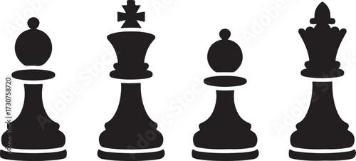 Four Black and White Chess Piece Silhouettes on White Background game strategy
