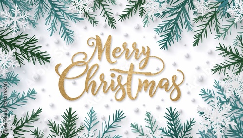 Festive holiday message surrounded by pine branches and snowflakes