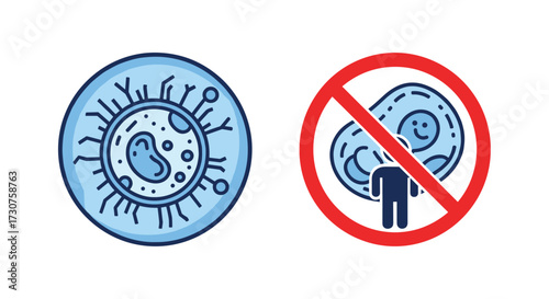 Illustration of a virus and a stop sign with microbes and a person.
