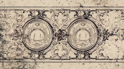 Ornate vintage plaster ceiling featuring two circular baroque medallions and intricate scrollwork on a stained beige surface.
