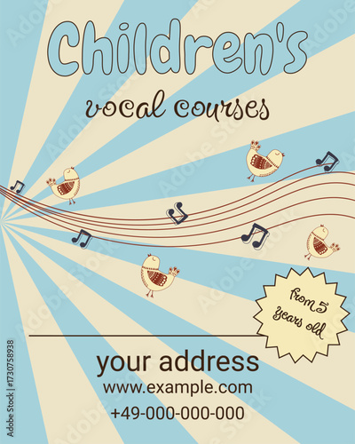 Children's vocal courses, vocal school, singing, birds and notes on a stave, poster, banner