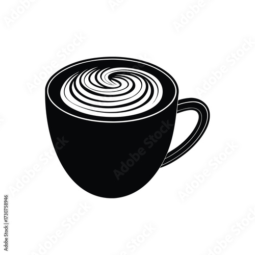 A simple black and white icon of a coffee cup filled with a hot beverage and topped with a beautiful, whipped cream swirl