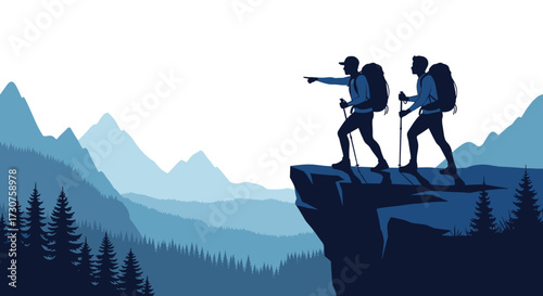 Two hikers stand on a cliff overlooking a mountain range. .