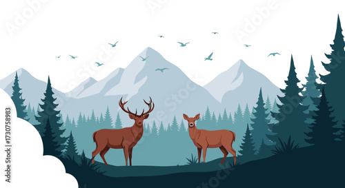Majestic deer stand tall in a serene mountain landscape with evergreen trees and flying birds.