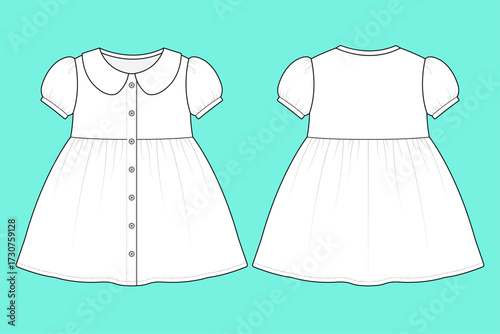 Girl Kids Puff Sleeve Button Down Peter Pan Collar Smock Dress Flat Sketch Vector Technical CAD Mockup.