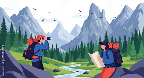Two hikers exploring a scenic mountain landscape with a river and pine trees.