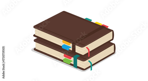Two brown notebooks stacked one on top of the other with colorful bookmarks.
