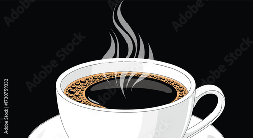 A steaming cup of hot coffee with crema rests on a saucer.