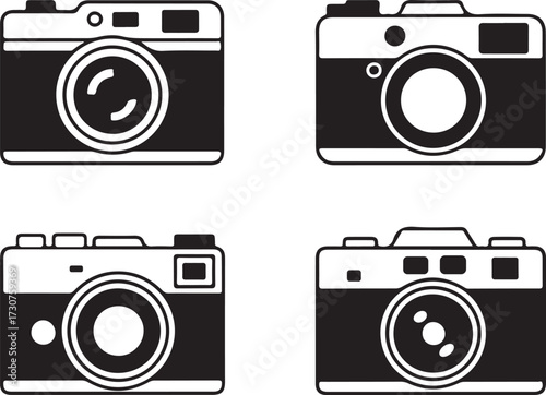 Four black and white silhouette icons of vintage and modern cameras on a white background photography