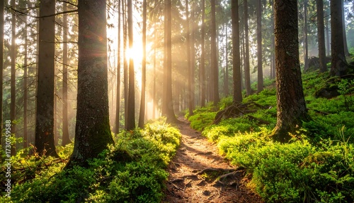 Sunbeams through a misty forest path