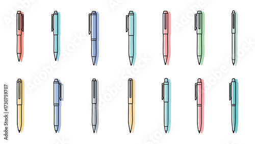 Artistic pens in a row: A collection of diverse pens in assorted colors arranged in a seamless design, perfect for illustrative use.
