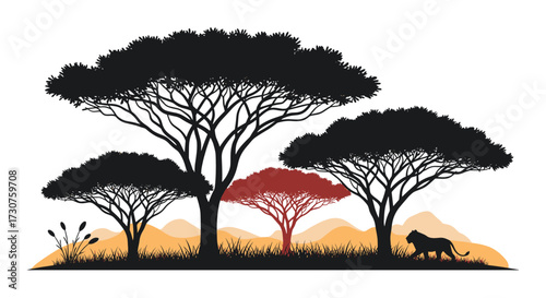 A majestic lion walks through the savanna under acacia trees at sunset.