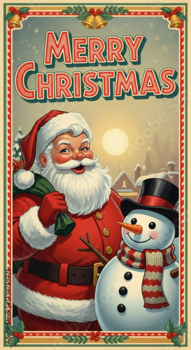 Vintage Retro Poster of Smiling Santa Claus and Snowman Greeting in Snowy Landscape with 