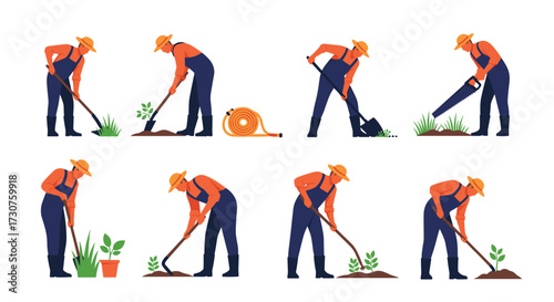 Gardening activities illustrated through a series of farmer poses with various tools.