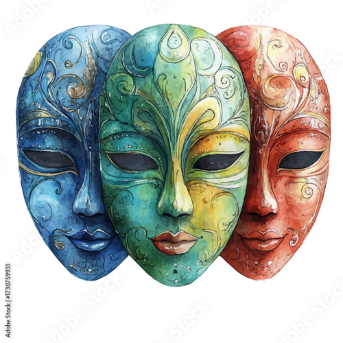 Hungarian Winter Masks, watercolor painting vector, isolated on a white background.