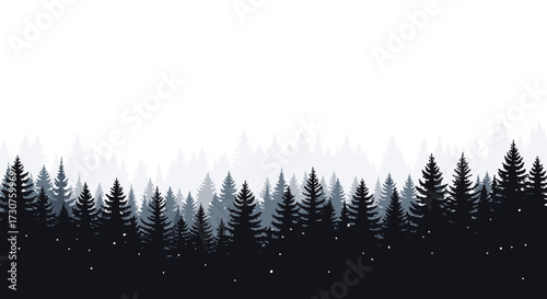 An atmospheric landscape depicting a dense evergreen forest under a hazy sky.