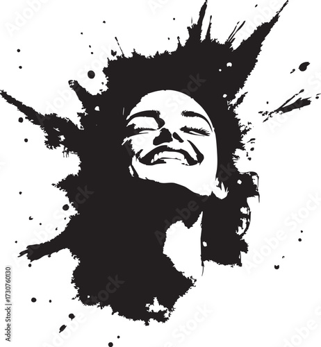 Grunge Woman Face Splatter Vector: Abstract Ink Splash Portrait Graphic with Joyful Expression

