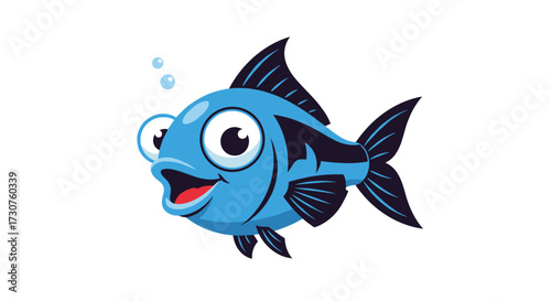 A cute blue cartoon fish swims in clear water bubbles.