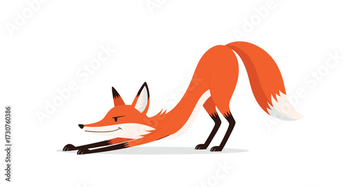 A stylized orange fox is stretching in a yoga pose.